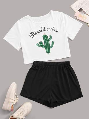 Shein Letter And Cactus Print Tee & Shorts