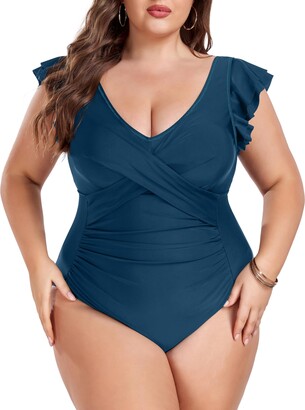 FOREYOND Plus Size Swimsuit for Women Tummy Control One Piece Full Coverage  Plus Size Bathing Suit Retro Ruffle Swimwear - ShopStyle