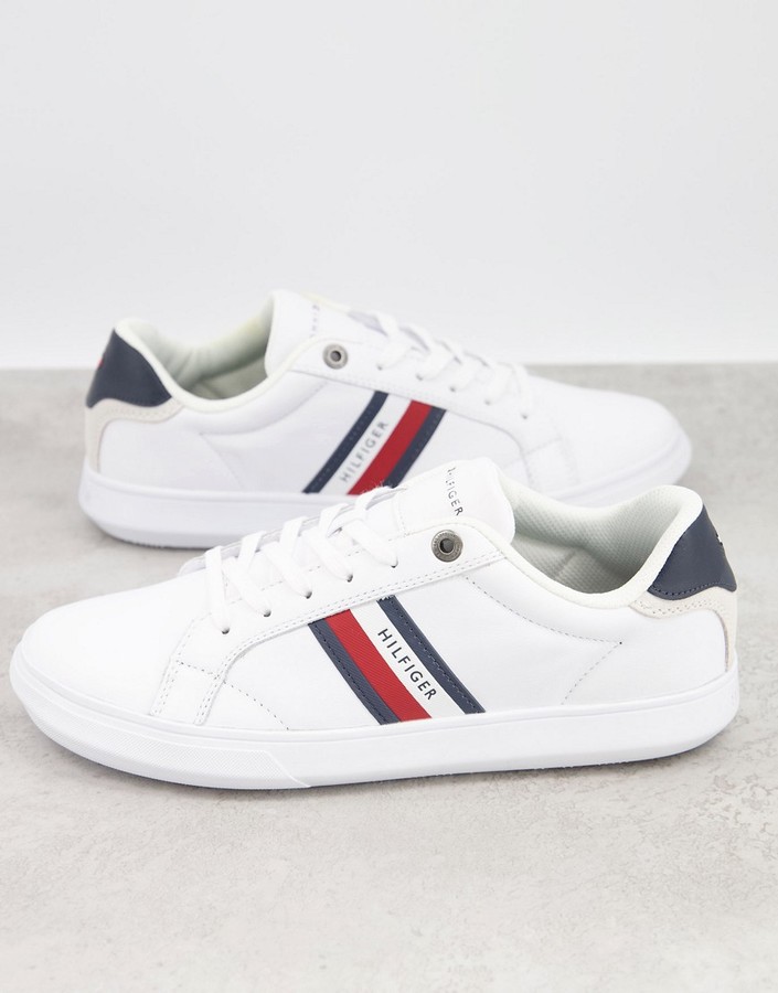 Tommy Hilfiger leather cupsole sneakers with side logo stripe in white -  ShopStyle