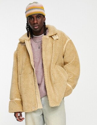 ASOS DESIGN borg aviator jacket in beige - ShopStyle