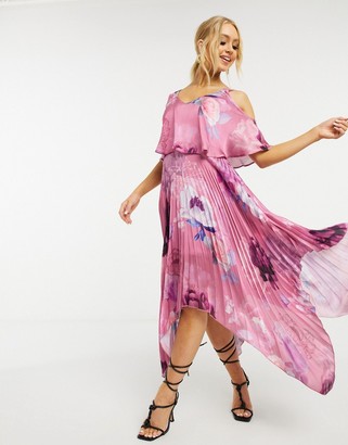 lipsy printed pleated cold shoulder midi dress