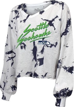 Majestic Women's Threads Dk Metcalf White Seattle Seahawks Off-Shoulder Tie-Dye Name and Number Long Sleeve V-Neck Crop-Top T-shirt