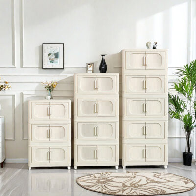 Cream White Plastic Storage Cabinet With 3 And Wheels - 20.04"×11.75"×31.1" Collapsible For Kitchen Appliance Bins Magnetic Door Living Room, Kitchen,