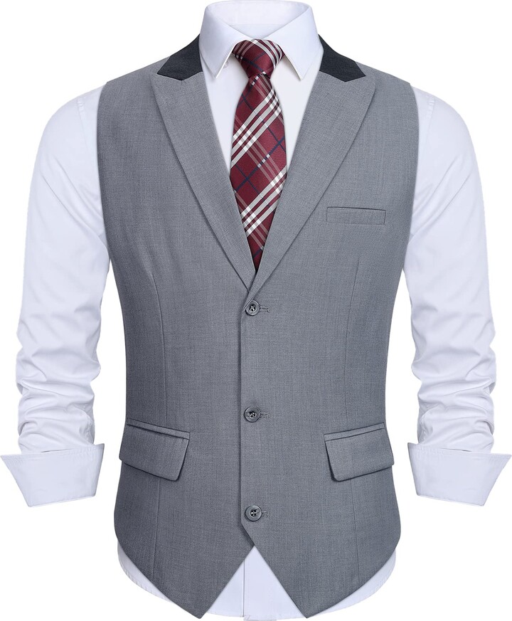 HISDERN Grey Waistcoat Men Formal Waistcoat With Pockets Casual