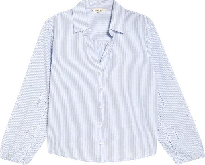 Lucky Brand Cutwork Detail Stripe Cotton Button-Up Shirt