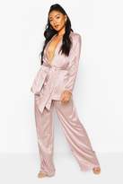 Thumbnail for your product : boohoo Animal Satin Pleat Wide Leg Trouser