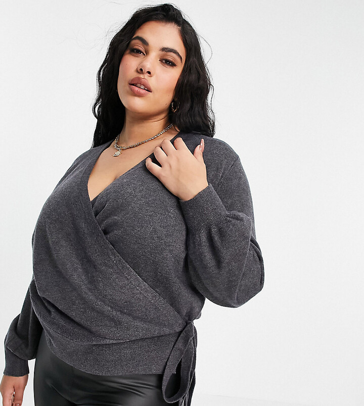 Outrageous Fortune Plus knitted wrap top in grey - ShopStyle