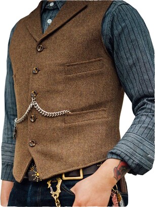 HSLS Mens Slim Fit Suit Vest Tweed Herringbone Wedding Formal Waistcoat Custom Made