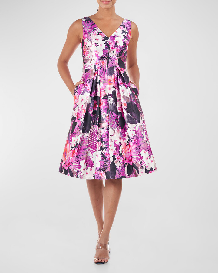 Kay Unger New York Pleated Floral-Print Mikado Midi Dress - ShopStyle