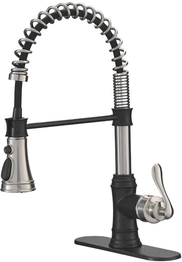 FLG Single Handle Deck Mount Gooseneck Commercial Pull Down Sprayer Kitchen Faucet with Deckplate in Brushed Nickel & Black