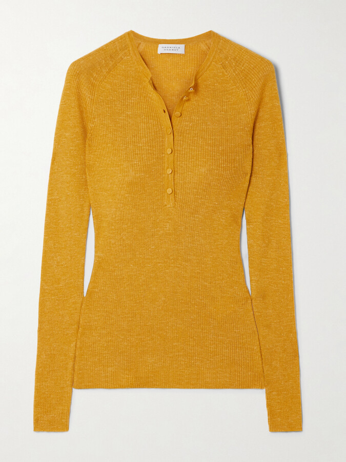 Gabriela Hearst Anges Ribbed Cashmere, Silk And Hemp-blend Henley Top - Yellow
