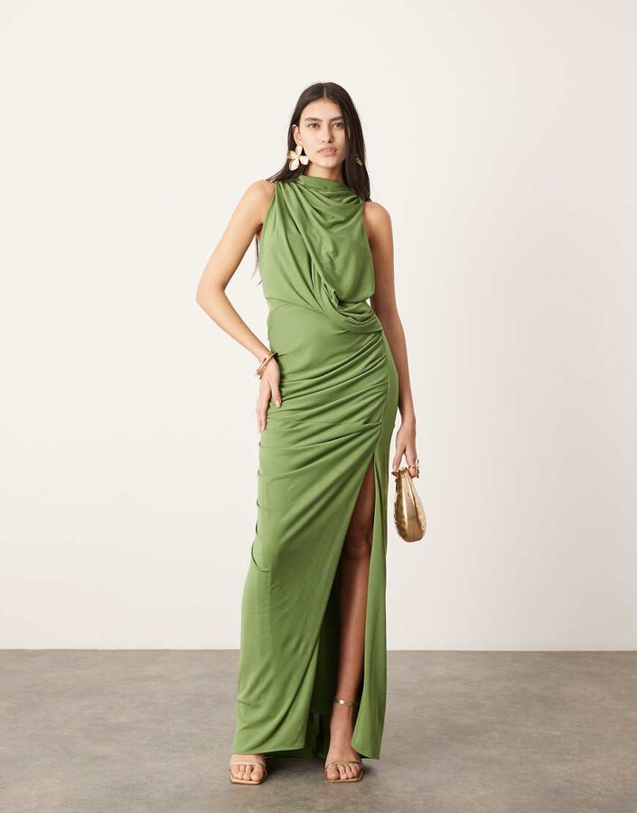 ASOS EDITION sleeveless drape detail maxi dress with plate trim in green -  ShopStyle