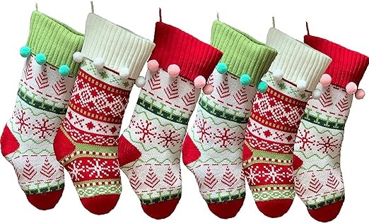 K-MLICE Knit Christmas Stockings with Pompoms, 6 Pack 20" Large Knitted Classic Xmas Stocking Sweater Rustic Stockings for Family Holiday Season Decorations