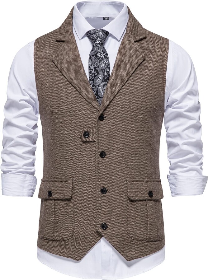 FEOYA Men's Herringbone Tweed Vest Classic Wool Waistcoat Casual Slim ...