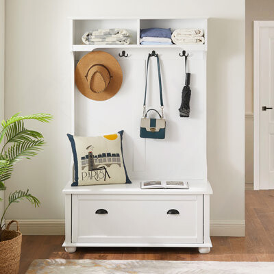 Shoe Storage, Classic Cosatal Style Hall Tree Entryway Bench With Open Shelves And Shoe Cabinets, SOLID WOOD Feet
