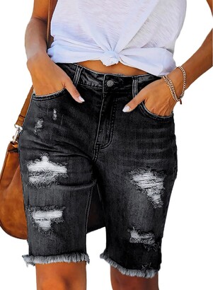 AZOKOE Women Summer Casual Ripped Denim Destroyed Mid Rise Stretchy Bermuda  Shorts Jeans Black L - ShopStyle