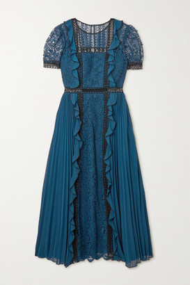 Self-Portrait Ruffled Guipure Lace And Pleated Crepe Midi Dress - Storm blue