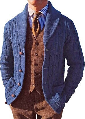 HULKAY Wool Blend Cardigan Sweaters for Men Button up Sweater Long Sleeve Knit Open Front Cardigans Fall Winter Sweater(Dark Blue