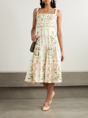 Agua by Agua Bendita Nispero Oasis Embellished Floral-print Linen Midi Dress  - Cream - ShopStyle