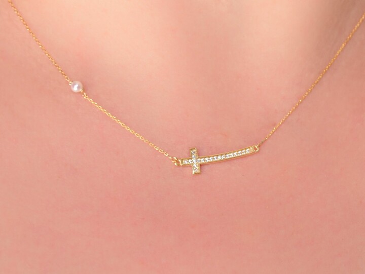 Etsy Sideways Cross Necklace, K14 Solid Gold, Horizontal, Protection Charm