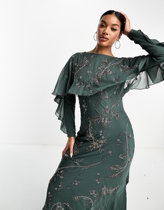 ASOS DESIGN Modesty embellished long sleeve ruffle bias maxi dress