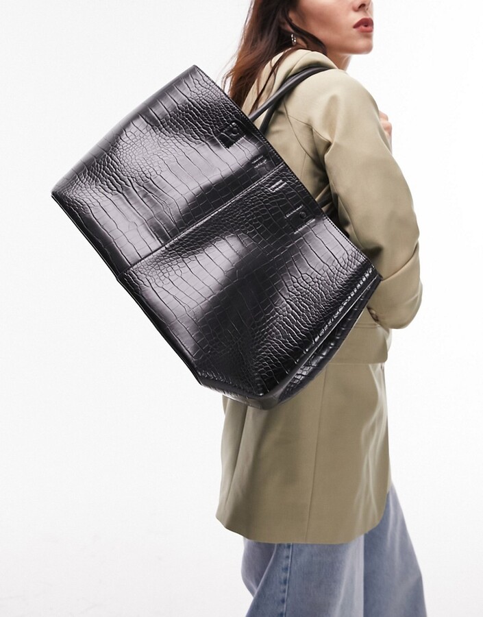 Topshop Tala croc tote bag in black - ShopStyle