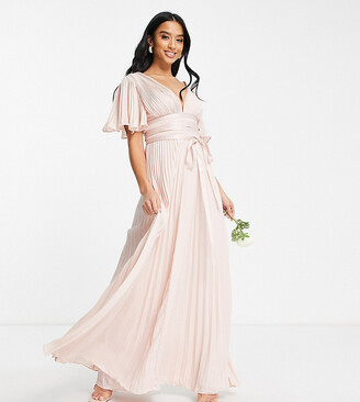 ASOS Petite ASOS DESIGN Petite Bridesmaid pleated flutter sleeve maxi dress with satin wrap waist blush
