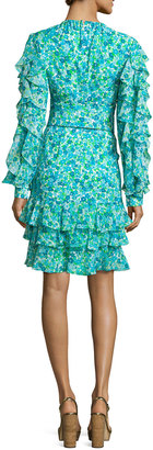Michael Kors Collection Ruffled Floral Keyhole Dress, Turquoise