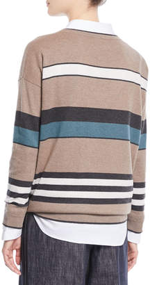 Brunello Cucinelli V-Neck 2-Ply Rugby-Stripe Cashmere Sweater w/ Paillettes