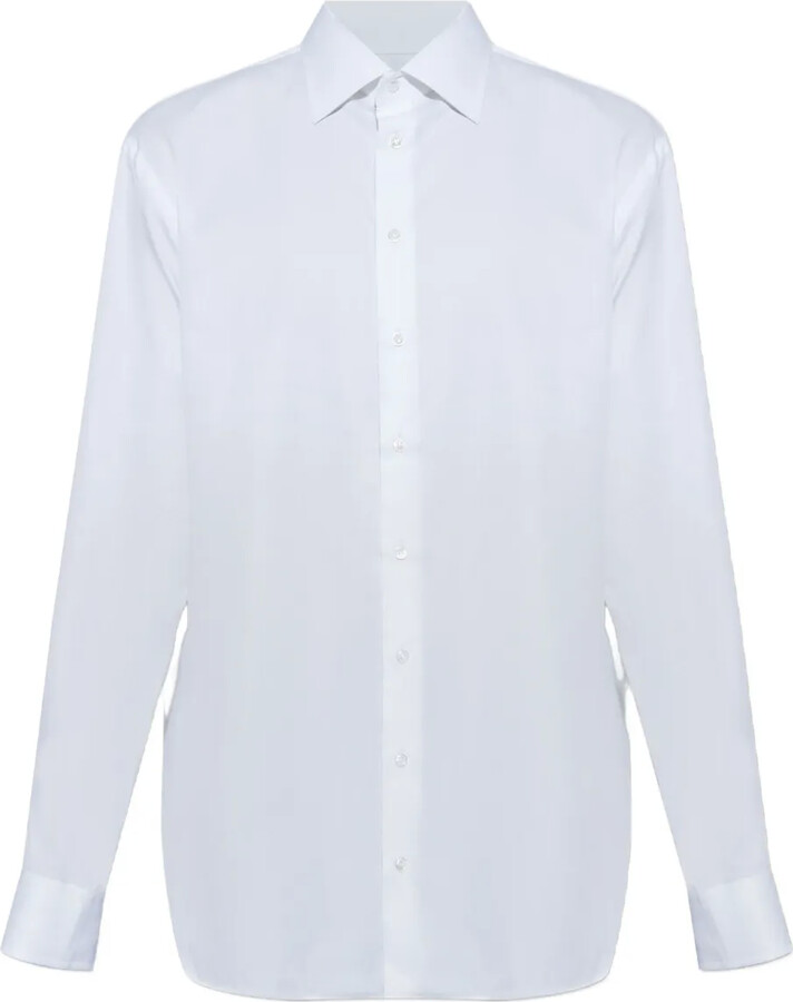 Giorgio Armani Men's Shiny Solid Woven Cotton Shirt - White