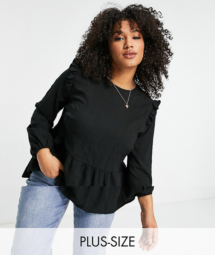 Simply Be shirred peplum top with frill shoulder in black - ShopStyle