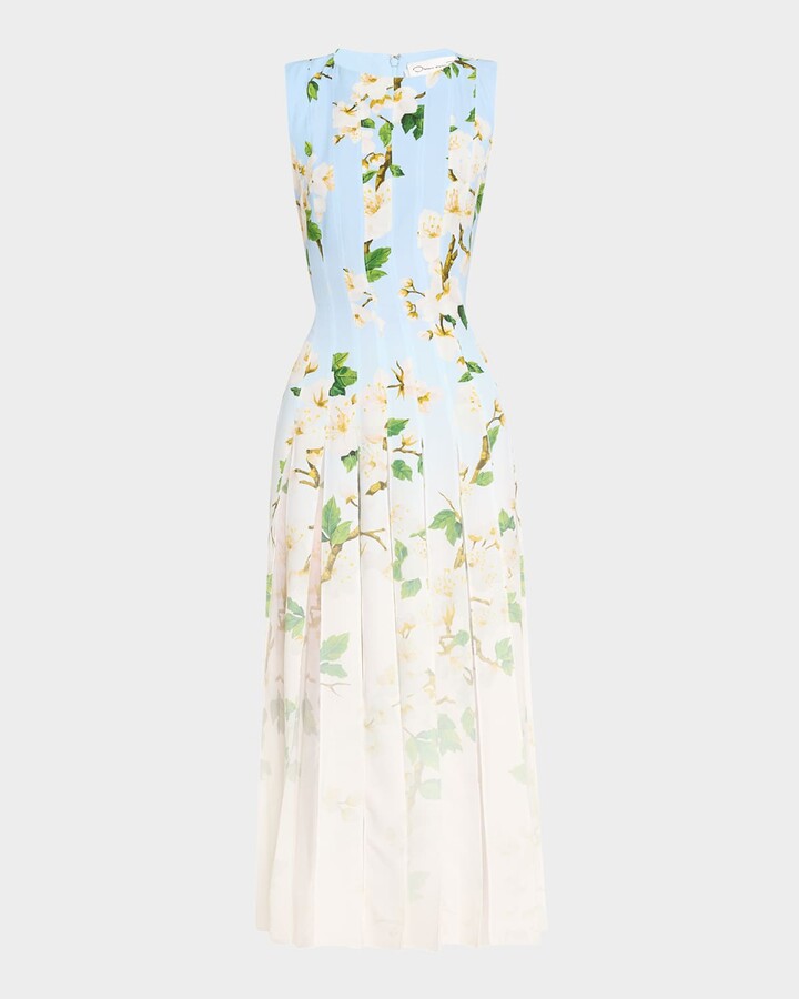 Oscar de la Renta Sleeveless Cherry Blossom Pleated Cady Midi Dress