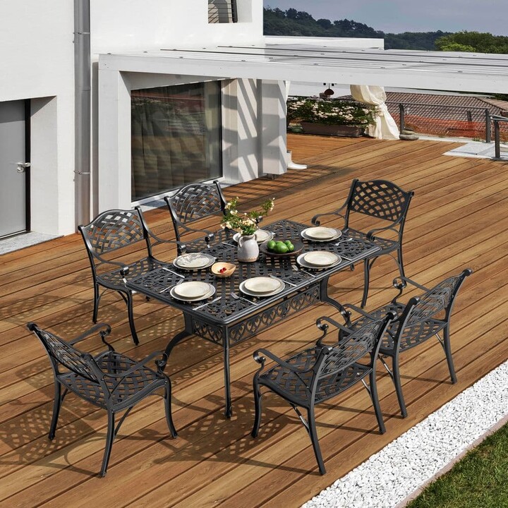 Nuu Garden Black with Gold Speckles 7-Piece Cast Aluminum Outdoor Dining Set, 6-Patio Chairs and Dining Table with Umbrella Hole
