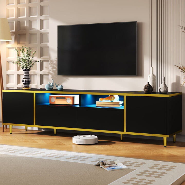 Leumius 70.9" Modern TV Stand for TVs up to 80 Inches, Entertainment Center with 2 Shelves and LED Lights, TV Storage Cabinet with 2 Drawers, 2 Cabinets and Metal Legs for Living room