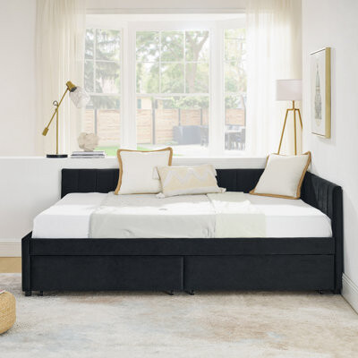 Upholstered Tufted Bed Frame With Two Drawers, Sofa Bed Frame With Comfortable Backrest And Armrests, Velvet