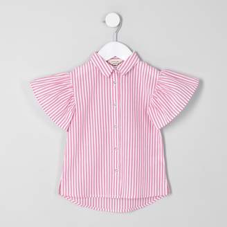 River Island Mini girls Pink stripe frill sleeve shirt