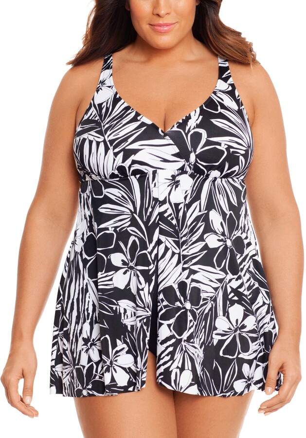 Swim Solutions Plus Size Flyaway TummyControl Swimdress, Created for