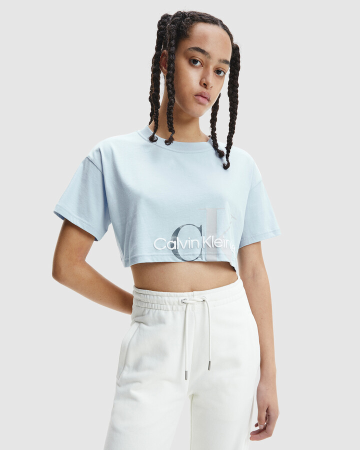 Calvin Klein Jeans Women's Blue T-Shirts - Oversized Cropped Monogram T- Shirt - Size One Size, L at The Iconic - ShopStyle