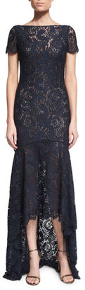 Theia Short-Sleeve Lace High-Low Gown