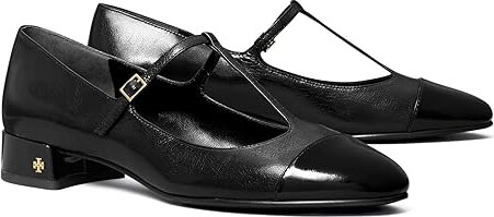 Tory Burch Cap-Toe T Strap Ballet 25MM Women's Flat Shoes Perfect Black/Perfect Black : 5 M, Leather