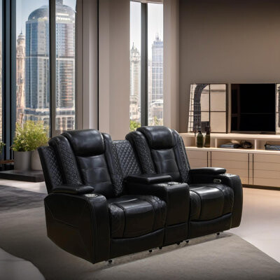 Latitude Run Lincoln Dark Vegan Leather Reclining Loveseat With Cup-Holders And LED Lights
