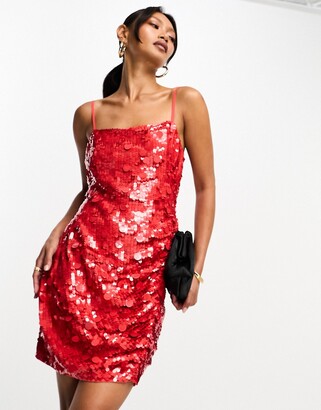 Parisian satin cami strap mini dress with cowl neck in red