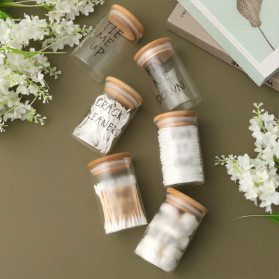 Latitude Run 6 Pcs Cotton Ball Holder Apothecary Jars With Lids Glass 3 Pcs Bamboo Tray Oval Plate Bathroom Decor Clear Cotton Ball Holder Bathroom Organizer
