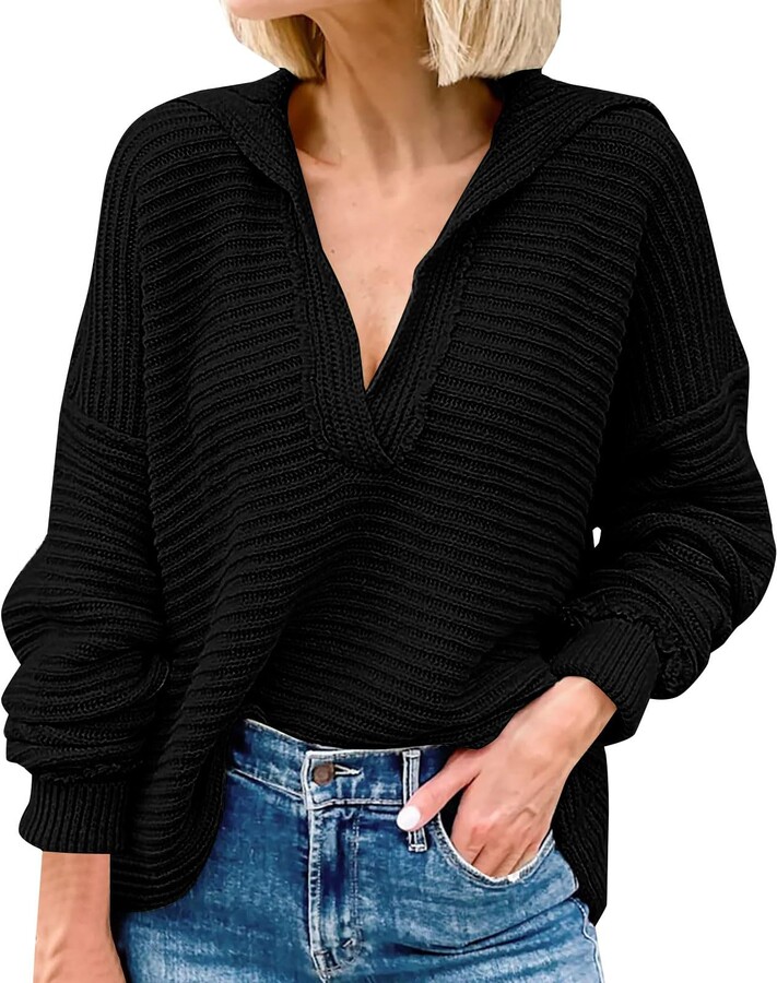 IHGFTRTH Women'S Sweaters Half High Collar Knitted Sweater Women's  Oversized Ribbed Knit Pullover Sweater Top