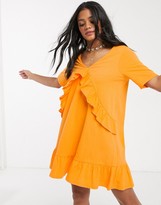 Thumbnail for your product : ASOS DESIGN v front frill seam smock dress in tangerine