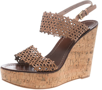 Tory Burch Beige Perforated Leather Daisy Cork Wedge Sandals Size  -  ShopStyle