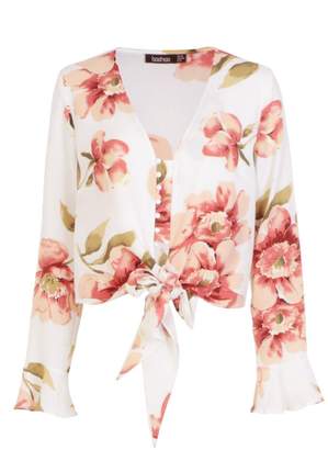 boohoo Floral Button Up Tie Neck Blouse
