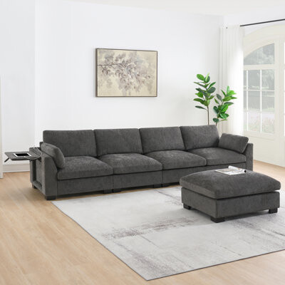 130" Modular Sectional Sofa, L-Shape with Folding Table and Dual-Port Charging, Side Storage Pockets, 2 Armrest Pillows, Free Movement Ottoman, High D
