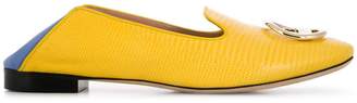 Emilio Pucci Yellow and Blue Lizard Effect Logo Loafers