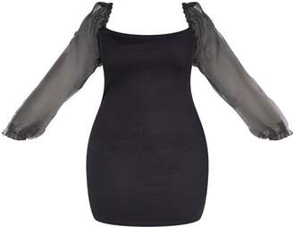 PrettyLittleThing Plus Black Long Sleeve Organza Bodycon Dress